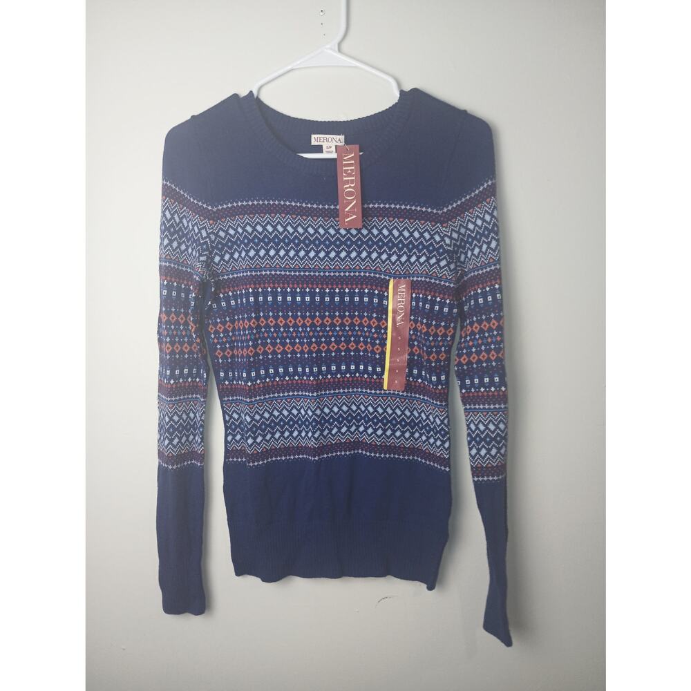 Merona Blue Fair Isle Crew Neck Sweater Womens Small NWT Cotton Blend Knit Top